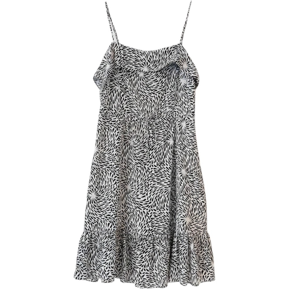 Twelfth Street by Cynthia Vincent 100% Silk Dress S Black Cream Midi Ruffle Tank